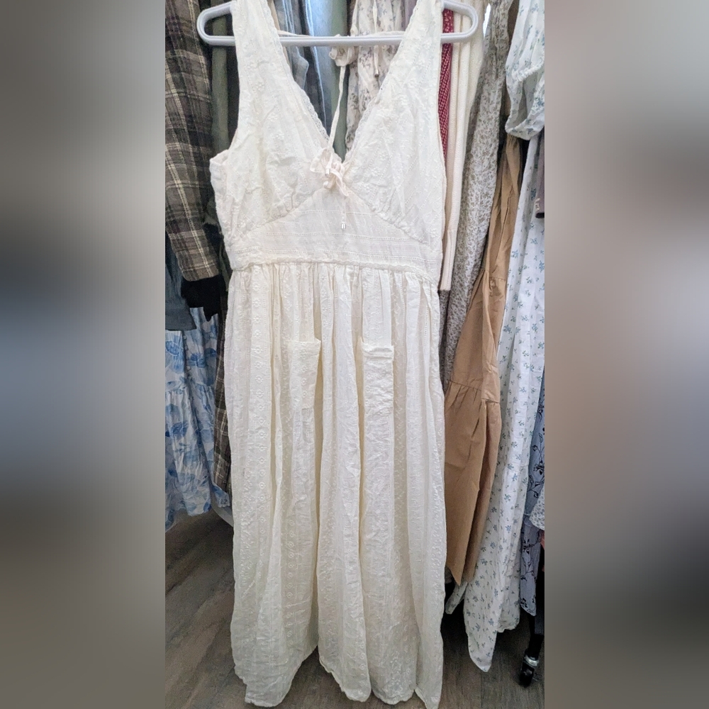 Embroidered Eyelet Lace Dress Cream M Cotton - Picture 3 of 6